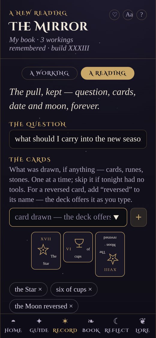 A new reading in the Record room: the question, and three drawn cards including one reversed
