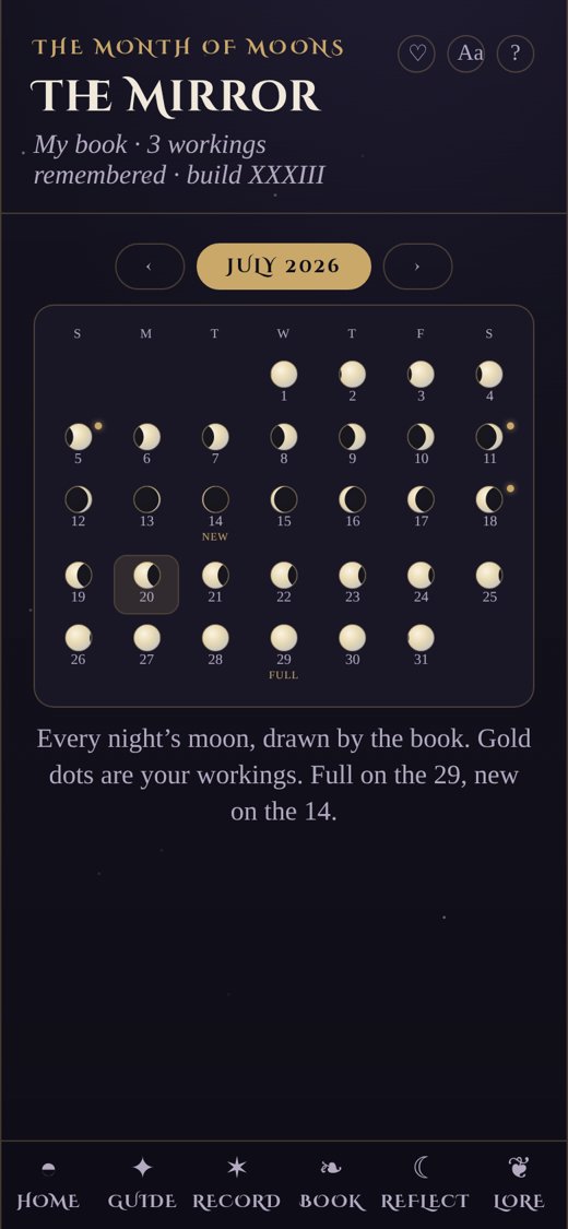 The month of moons: a calendar of moon phases with gold dots marking nights that hold entries