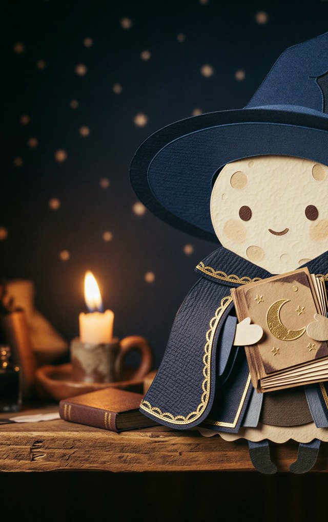The keeper of the book, a small paper-craft figure with a moon face, holding a tiny grimoire by candlelight